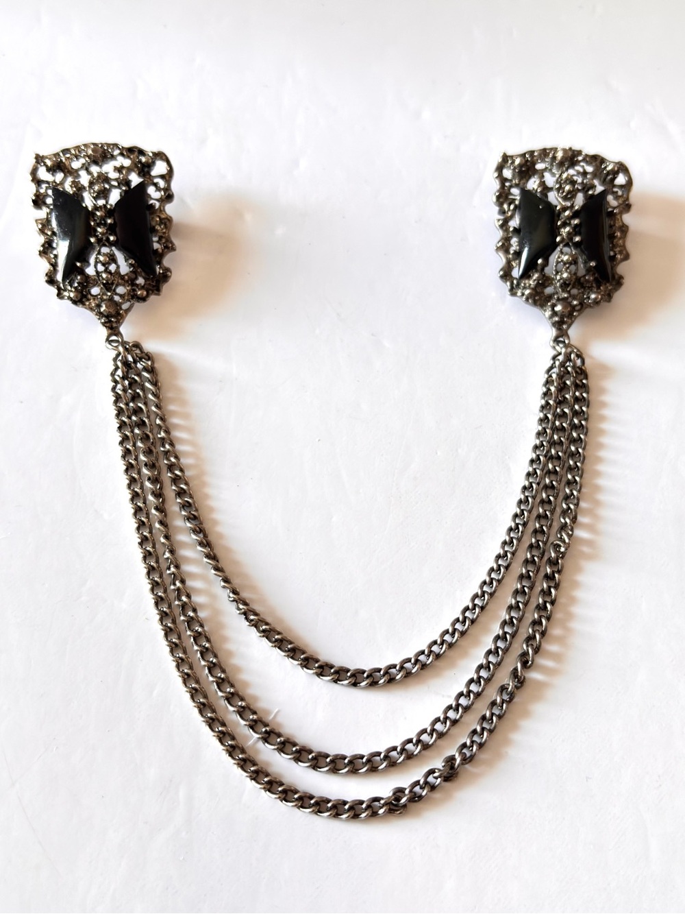Antique Double Pin Brooch Chatelaine Victorian Silver Tone